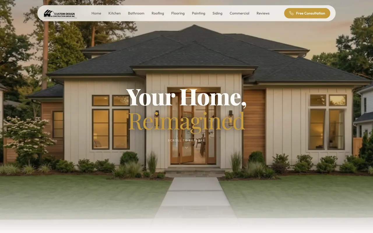 The MM Custom Design website we built: a modern house at dusk under the headline Your Home, Reimagined, with every service in the menu and a Free Consultation button